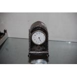 LONDON SILVER CASED MANTEL CLOCK WITH WHITE ARABIC NUMERAL DIAL