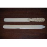 TWO LATE 19TH CENTURY IVORY PAPER KNIVES - ONE WITH FRUITING VINE CARVED HANDLE