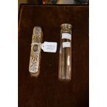 BIRMINGHAM SILVER TOPPED CLEAR GLASS TOILET BOTTLE AND A BIRMINGHAM SILVER BACKED BRUSH