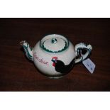 WEMYSS POTTERY BONJOUR TEAPOT AND COVER, DECORATED WITH BLACK COCKERELS, IMPRESSED MARK AND