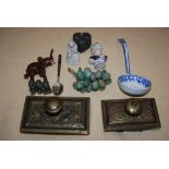 TWO VINTAGE BRASS DESK BLOTTER, BLUE PRINTED POTTERY LADLE, CERAMIC BUST, GREEN STONE BUNCH OF