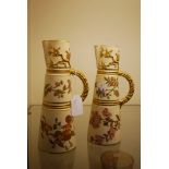 PAIR OF LATE 19TH CENTURY ROYAL WORCESTER IVORY GROUND CONICAL SHAPED JUGS, PUCE MARKS