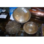 WHITE METAL FILIGREE WORK FLOWER SHAPED FISH, LONDON SILVER CIRCULAR DISH DECORATED WITH EMBOSSED