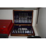 OAK CASED SET OF TWELVE MOTHER OF PEARL HANDLED FRUIT KNIVES AND FORKS