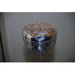 KONOIKE PURE SILVER CIRCULAR SHAPED BOX AND COVER WITH EMBOSSED DECORATION OF IRIS