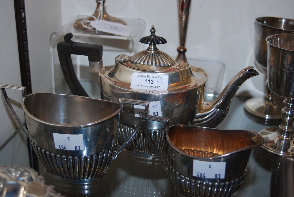 SHEFFIELD SILVER THREE PIECE BACHELORS TEA SET, OVAL SHAPED WITH PART GADROONED DECORATION, MAKERS