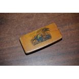 A 19TH CENTURY SCOTTISH TREEN SNUFF BOX DECORATED WITH VIGNETTE OF COUPLE BEFORE TREE, INSCRIBED '