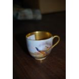 ROYAL WORCESTER COFFEE CUP DECORATED WITH PAIR OF PHEASANTS, SIGNED JAS. STINTON, WITH GILDED