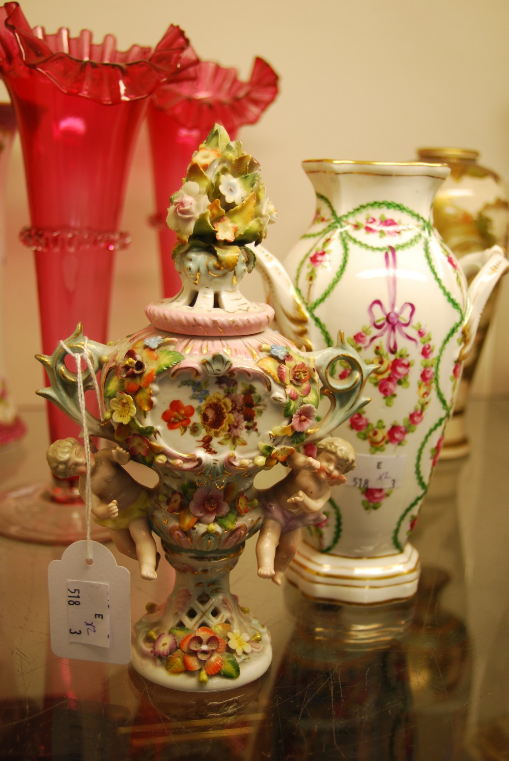 SITZENDORF PORCELAIN FLORAL ENCRUSTED TWIN HANDLED URN AND COVER, TOGETHER WITH A DRESDEN TWIN