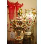SITZENDORF PORCELAIN FLORAL ENCRUSTED TWIN HANDLED URN AND COVER, TOGETHER WITH A DRESDEN TWIN