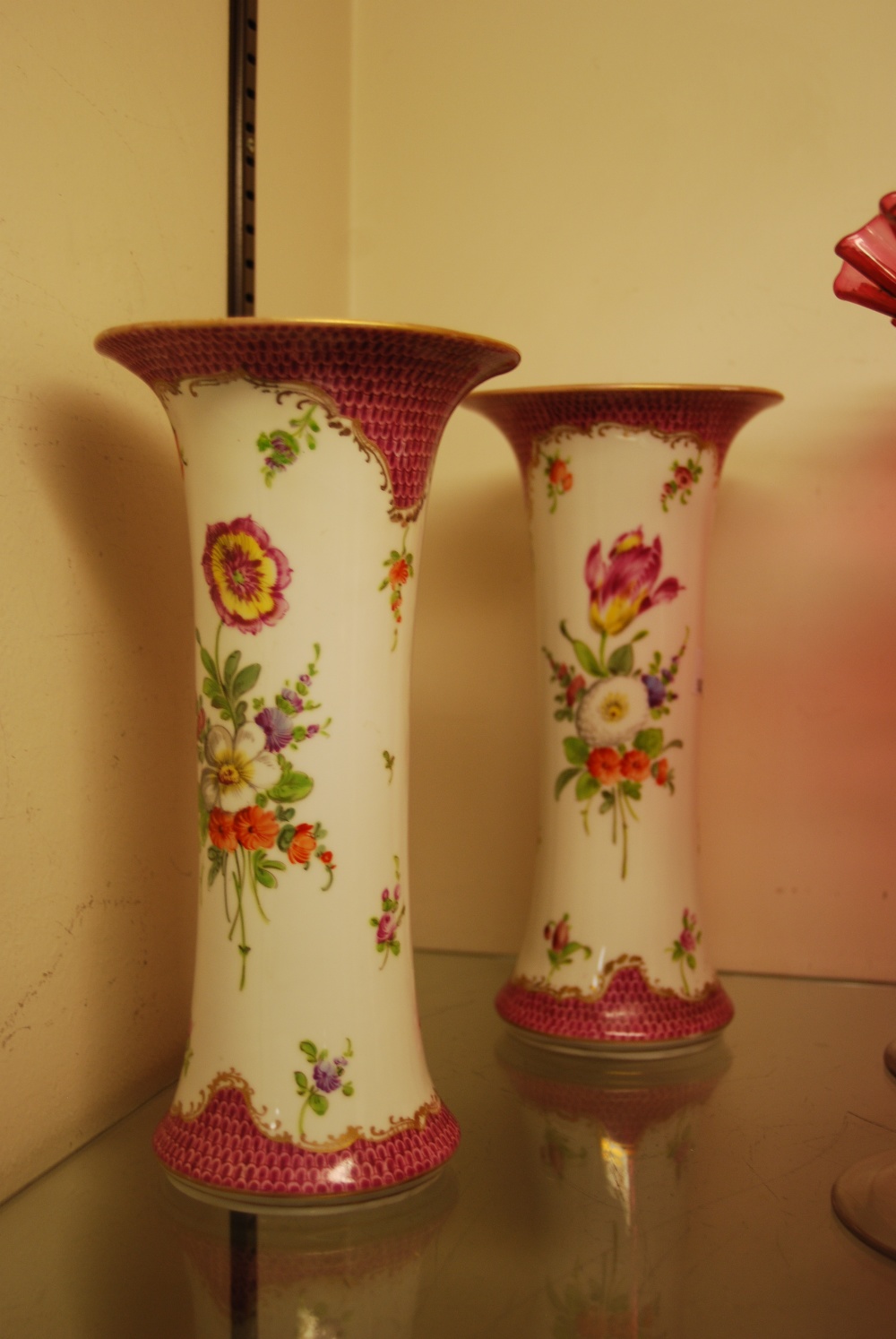 PAIR OF DRESDEN SCALE PINK GROUND FLORAL DECORATED VASES