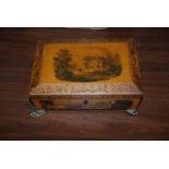 EARLY 19TH CENTURY REGENCY SARCOPHAGUS SHAPED WORK BOX WITH PINK SATIN LINED INTERIOR AND FOUR