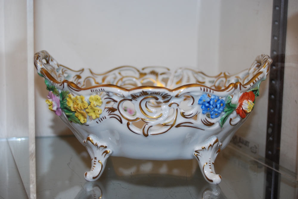 DRESDEN PORCELAIN FLORAL ENCRUSTED OVAL SHAPED TWIN HANDLED BOWL