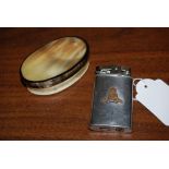 VINTAGE RONSON WHITE METAL LIGHTER WITH ROYAL ARTILLERY CREST AND AN OVAL HORN SNUFF BOX AND COVER