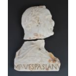 An Antique white marble Roman profile bust, in two parts, inscribed 'MP.VESPASIAN, 31cm high x