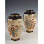 A pair of Japanese Satsuma pottery blue ground vases, Meiji Period, decorated with panels of