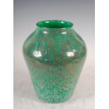 An early Monart ware green ground Paisley shawl vase, shape F, mottled lustre silver and opaque