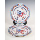 Three Chinese porcelain blue and white octagonal shaped plates, Qing Dynasty, decorated with