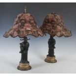 A pair of Chinese bronze Sage figures mounted as table lamps, Qing Dynasty and later, with