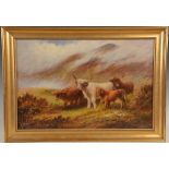 Archibald McCallum Highland Cattle in misty highland landscape, and another, a pair oils on