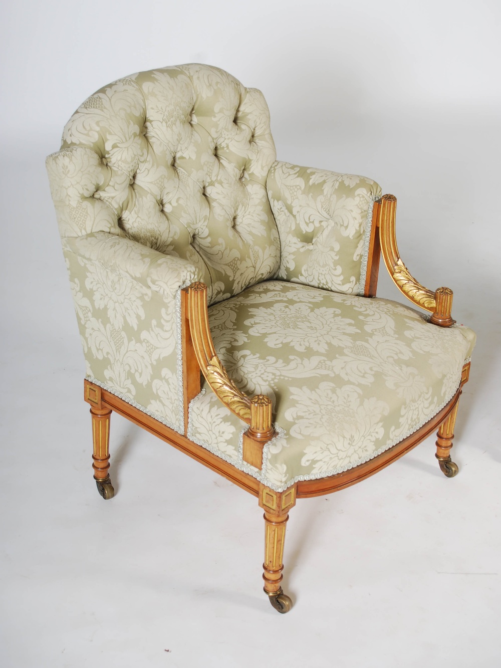 A pair of Edwardian mahogany and parcel gilt tub chairs, the button down upholstered backs, arms and - Image 2 of 5