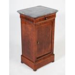 A 19th century French mahogany and boxwood lined marble top bedside cupboard, the grey and white