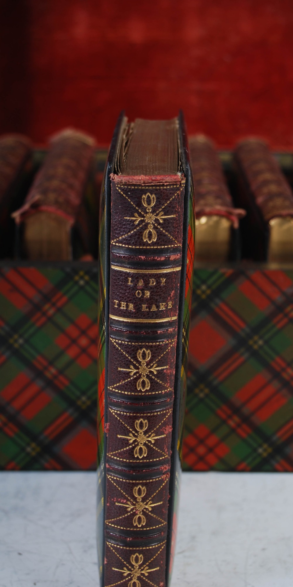 A 19th century tartan ware box containing six tartan ware bound volumes of Scott's Poetical Works, - Image 9 of 16