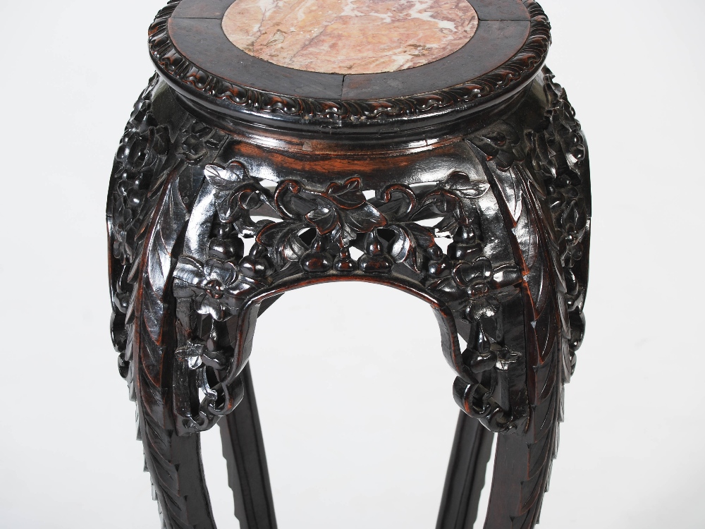 A Chinese dark wood jardiniere stand, Qing Dynasty, the circular top with mottled red marble insert, - Image 3 of 4
