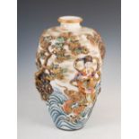 A large Japanese Satsuma pottery vase, Meiji Period, decorated in relief with Benten riding on a