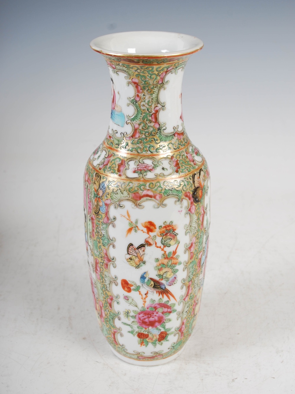 A pair of Chinese porcelain famille rose Canton vases, Qing Dynasty, decorated with panels of - Image 3 of 10