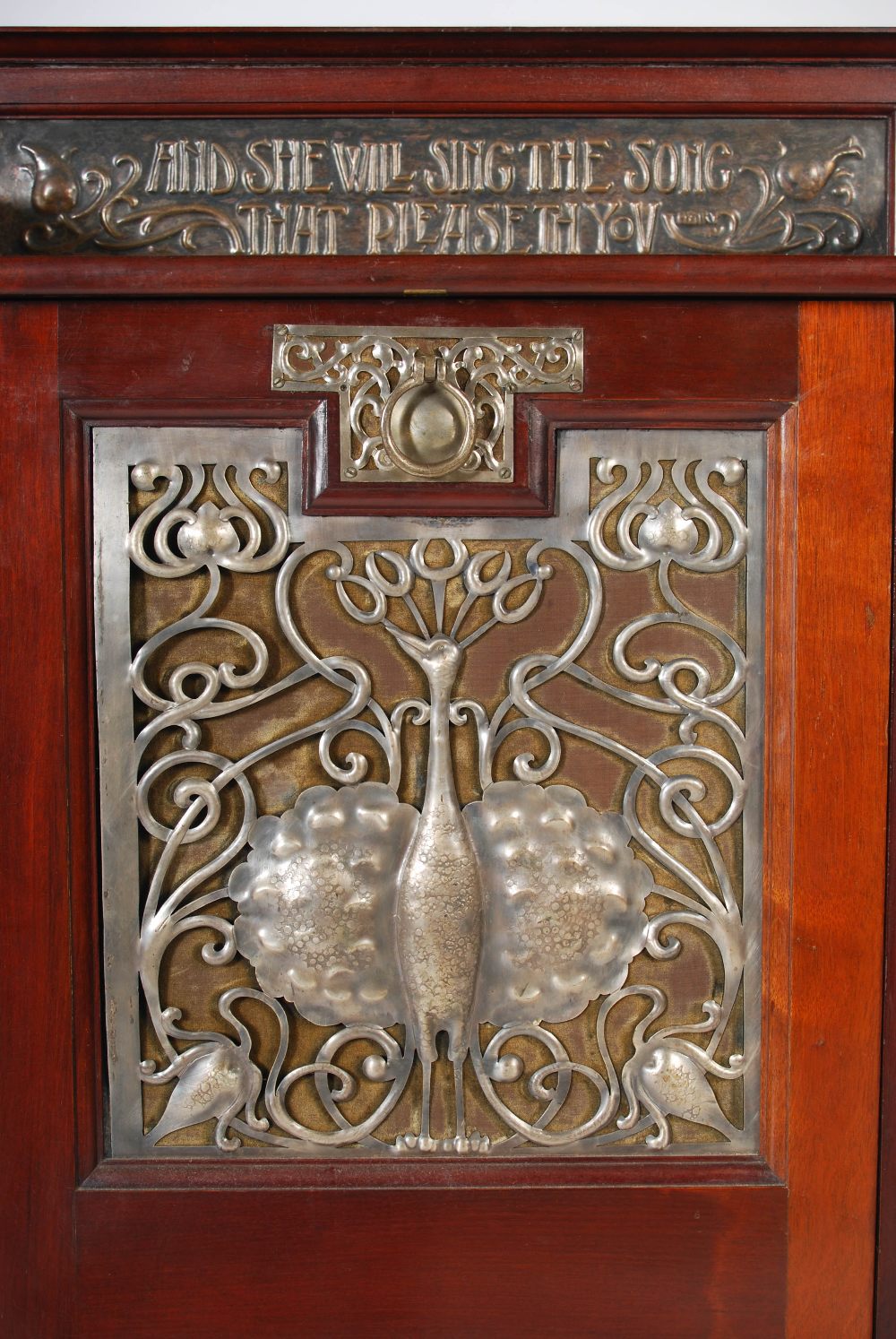 An early 20th century Arts & Crafts mahogany, white metal and copper mounted music cabinet, the - Image 4 of 9