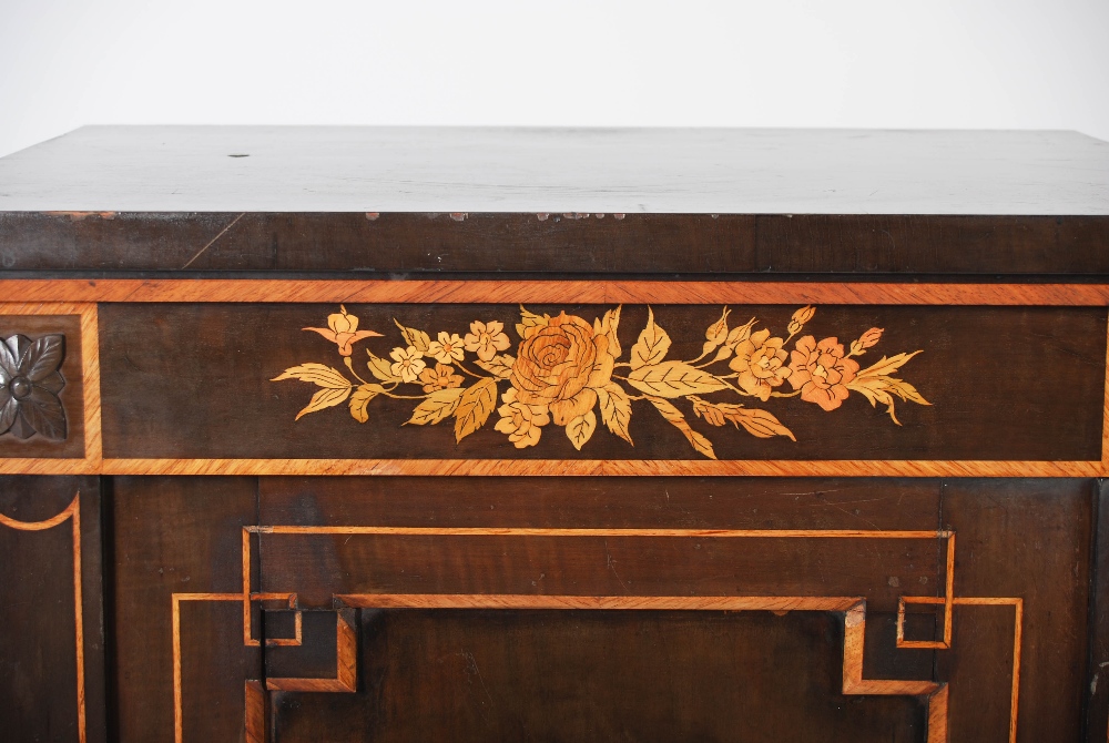 A Victorian ebonised and marquetry inlaid side cabinet, the rectangular top above a frieze inlaid - Image 5 of 9