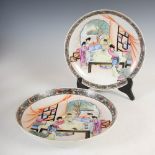 A pair of Chinese porcelain dishes, Republic Period, decorated with scholar and attendants at an