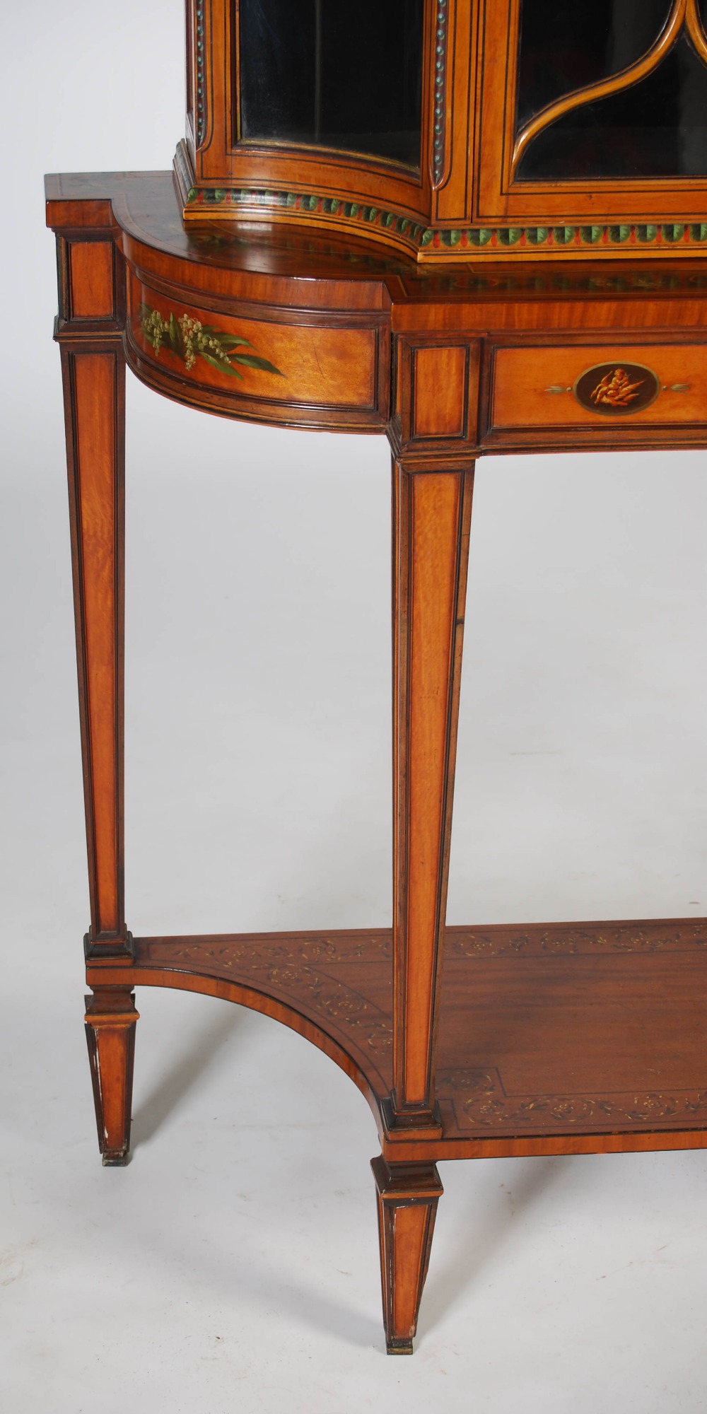 A 19th century painted satinwood display cabinet, the associated top with a broken scroll pediment - Image 6 of 13