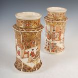 A pair of Japanese Satsuma pottery hexagonal shaped vases, Meiji Period, decorated with panels of