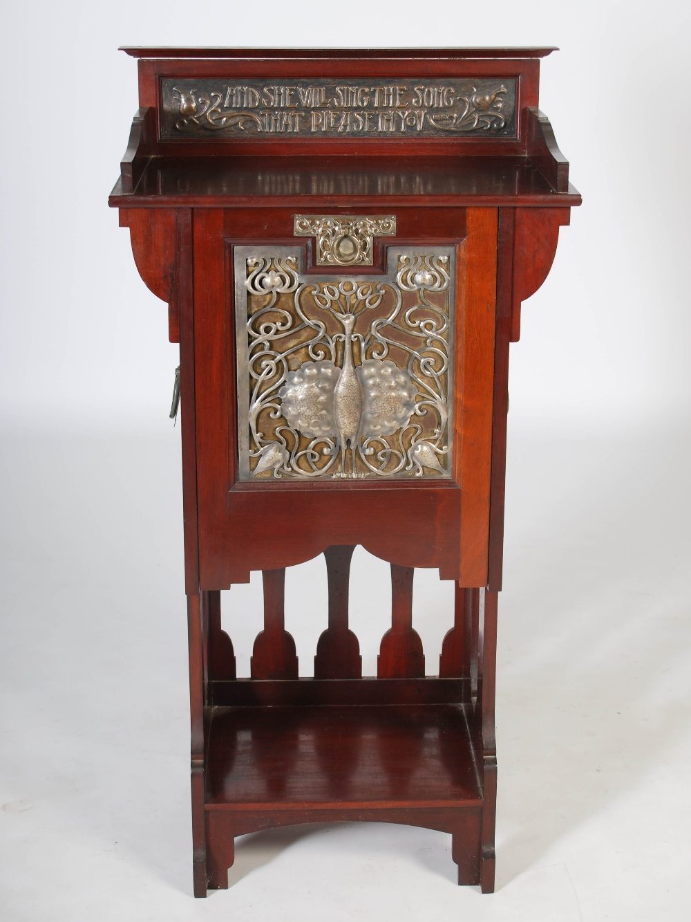 An early 20th century Arts & Crafts mahogany, white metal and copper mounted music cabinet, the - Image 2 of 9