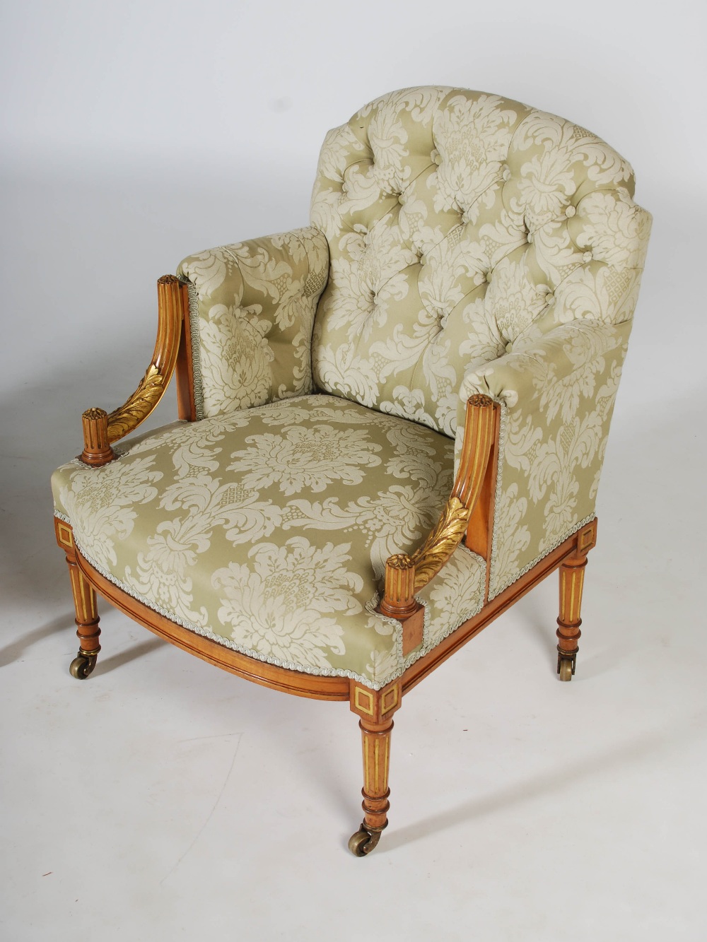 A pair of Edwardian mahogany and parcel gilt tub chairs, the button down upholstered backs, arms and - Image 3 of 5