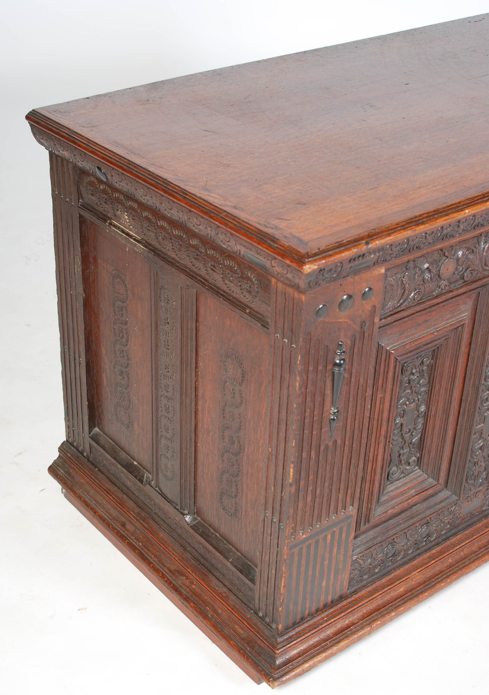 A 19th century Continental oak and ebony inlaid baroque style coffer, the hinged rectangular top - Image 3 of 6