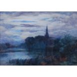 Alexander Kellock Brown RSA RSW RI (1849-1922) Moonlight scene with church steeple and village scene