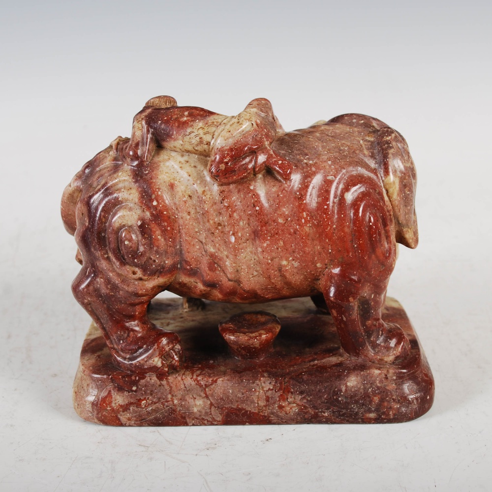 A pair of Chinese soapstone elephants, late Qing Dynasty, carved standing with pairs of attendant - Image 6 of 7