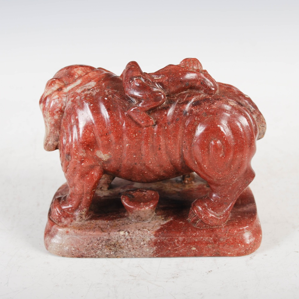 A pair of Chinese soapstone elephants, late Qing Dynasty, carved standing with pairs of attendant - Image 3 of 7