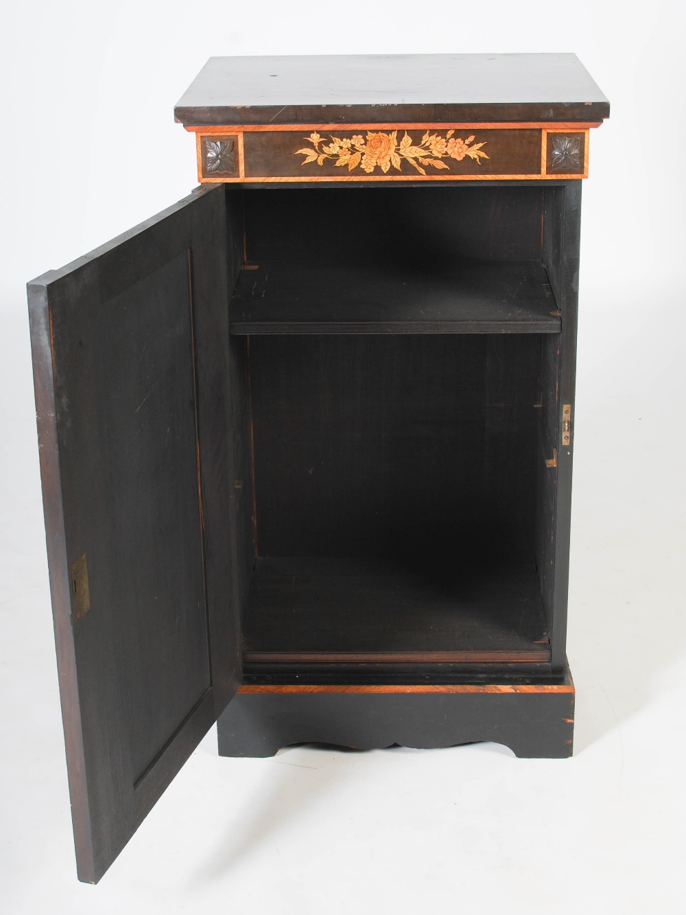 A Victorian ebonised and marquetry inlaid side cabinet, the rectangular top above a frieze inlaid - Image 6 of 9