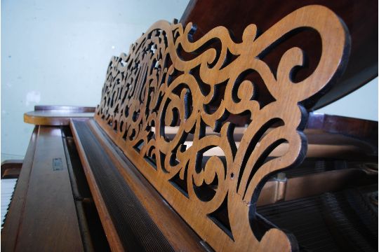 A walnut cased boudoir grand piano, F. Kaim & Shone, Kirchheim, Stuttgart, raised on tapered - Image 4 of 10