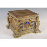 A late 19th/early 20th century ormolu, enamel and cabochon decorated altar plinth, the square top