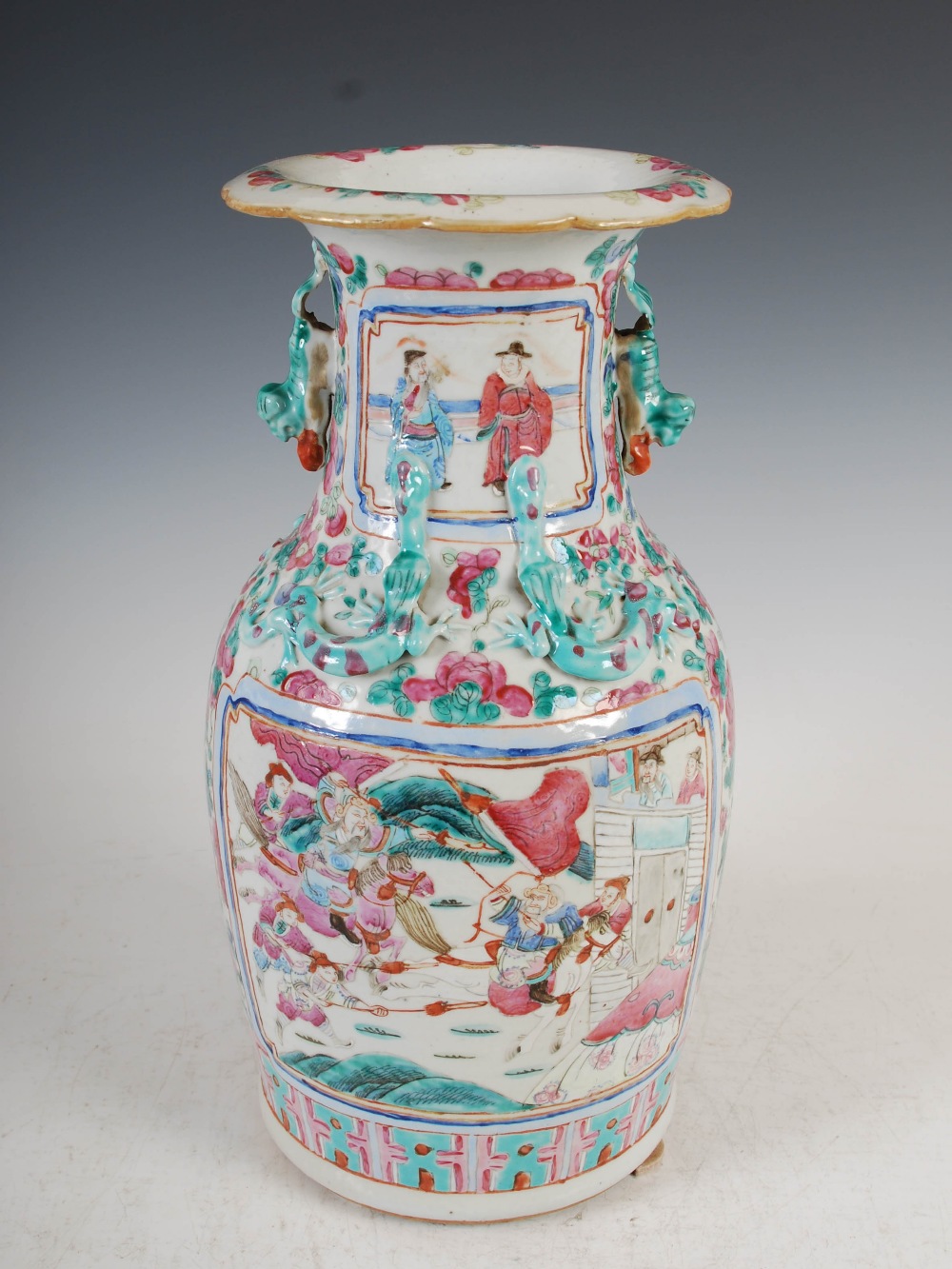 A pair of Chinese porcelain famille rose Canton vases, Qing Dynasty, decorated with panels of - Image 8 of 10