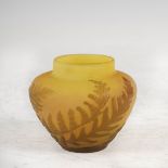 Emile Galle, a cameo glass vase, decorated with foliage on a yellow/green ground, signed, 6.5cm