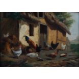 19th century British School Farmyard with poultry oil on canvas 24cm x 34cm