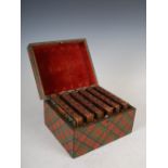 A 19th century tartan ware box containing six tartan ware bound volumes of Scott's Poetical Works,