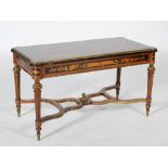 A late 19th/early 20th century walnut, penwork and gilt metal mounted coffee table, the