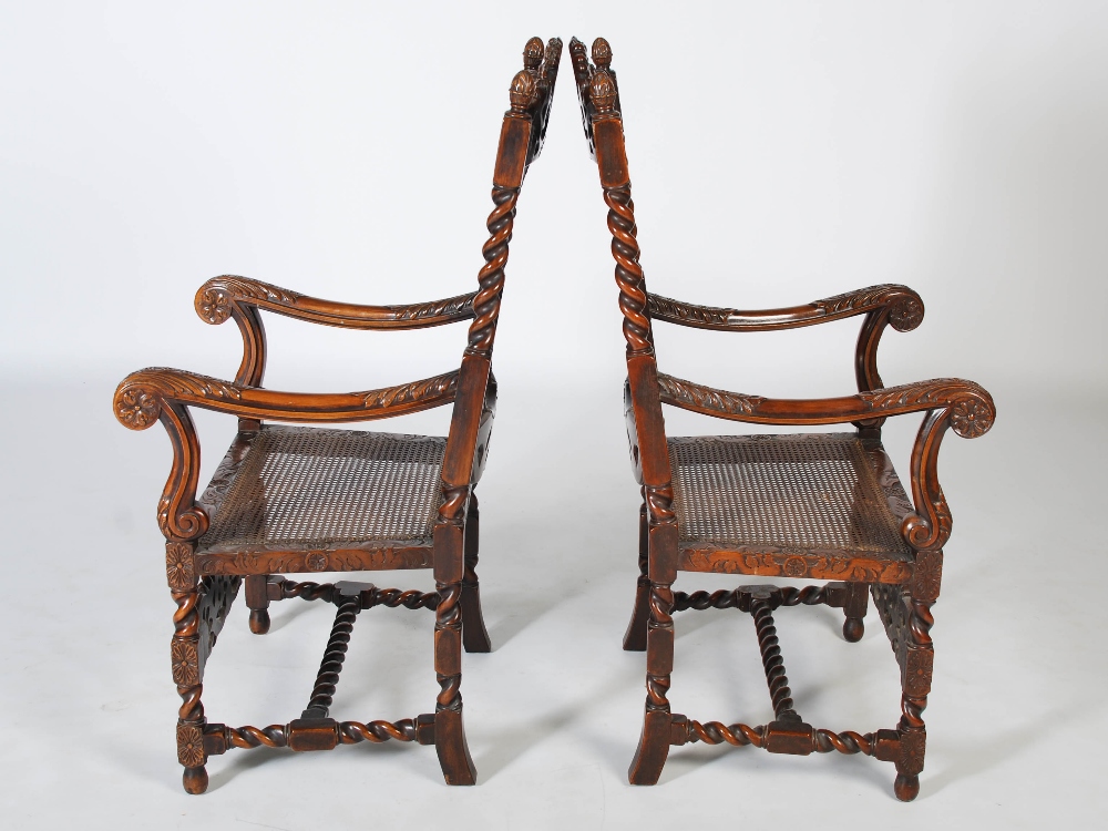 A pair of late 19th century Carolean style carved walnut armchairs, the top rails carved and pierced - Image 5 of 6